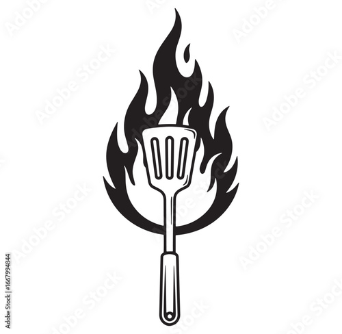Black and white vector illustration of a bbq spatula surrounded by flames