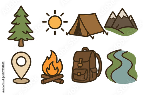 Camping icon set for outdoor adventure and hiking. Nature elements collection with tent, campfire, mountains, backpack, river, location pin, sun and tree. Vector symbols.