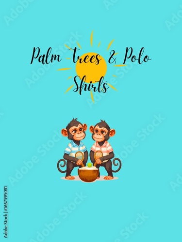 Cartoon Monkeys in Polo Shirts with Tennis Rackets and Coconut on Blue Background