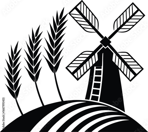 Windmill On Hill With Curved Wheat Patterns
