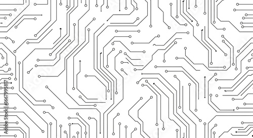 A detailed black and white image featuring an intricate circuit board pattern on a white background on transparent background