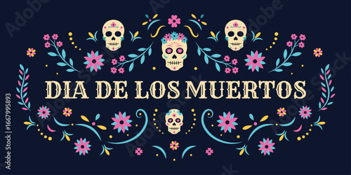 Vector "Día de los Muertos" design with festive sugar skulls, flowers, and cempasuchil honors death. Bright pink, yellow, and blue details celebrate Mexican holiday tradition and culture, Ispanico.