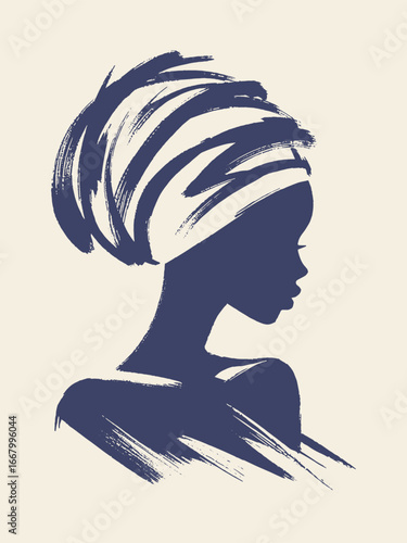 African woman profile with headwrap brush stroke vector illustration