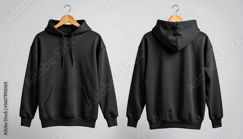 Minimalist mockup of a plain black oversized hoodie hanging on a wooden hanger