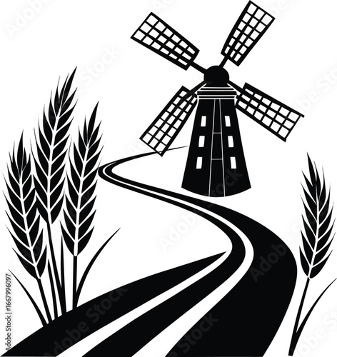 Windmill With Curved Wheat Patterns Leading Toward
