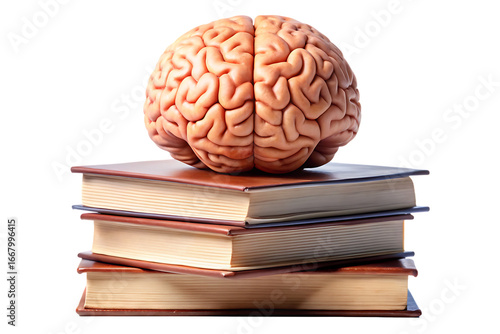 brain and stack of books new idea science concept isolated on white background, png, ai generated.