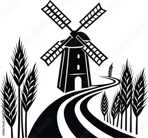 Windmill With Gently Waving Wheat And Dirt Path