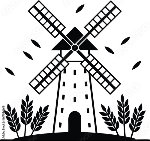 Windmill With Scattered Wheat And Small Rocks