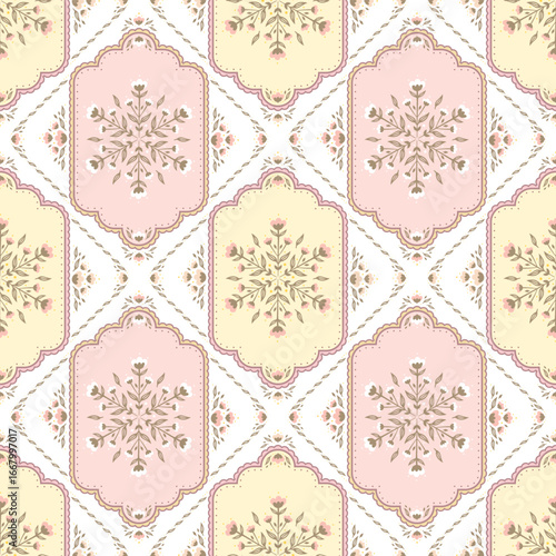 Charming damask pattern in cottagecore style shabby chic seamless pattern repeatable for print background fabric textile cards backdrop in folk art decorative illustr