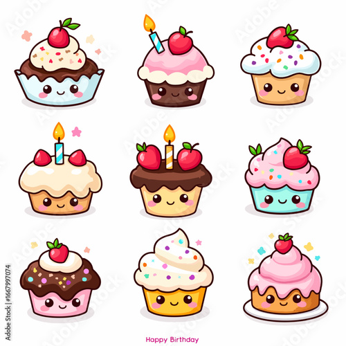Cakes kawaii illustrations, desserts in a comic, cartoon style, simple vector drawings