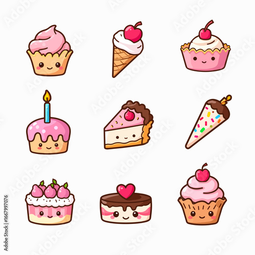 Cakes kawaii illustrations, desserts in a comic, cartoon style, simple vector drawings