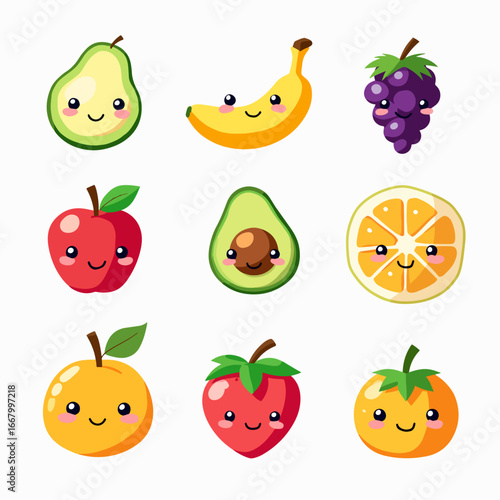 A set of kawaii style fruit with big eyes. Cute illustrations of strawberry, apple, pear. Fruits with faces on white background . Vector illustration