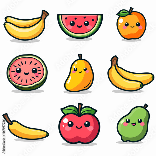 A set of kawaii style fruit with big eyes