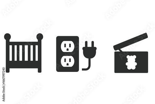 Room safety icons solid filled vector set with baby crib railings, electrical outlet plug, and toy chest with lid support for childproofing and nursery safety