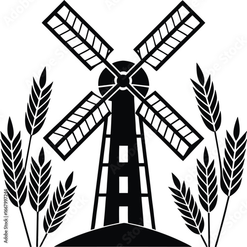 Windmill With Spinning Blades Behind Gently Swaying