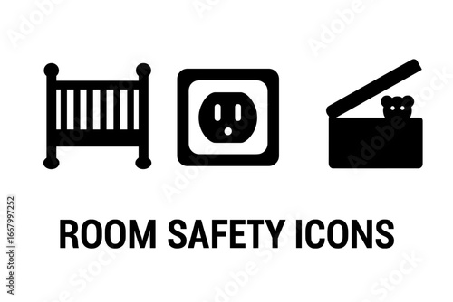 Room Safety Icons Solid Filled Vector Set, Childproof Crib with Railings, Electrical Outlet Plug Protector, Toy Chest with Lid Support, Baby Safety Essentials Clipart