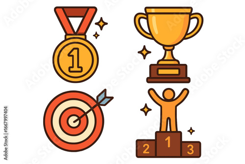 Success and achievement icon set. Business goal and target concept. Winner trophy, first place gold medal award. Competition victory, champion on podium. Vector symbols.
