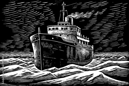 Arctic icebreaker ship cutting through frozen sea, powerful and massive vessel in black and white sketch