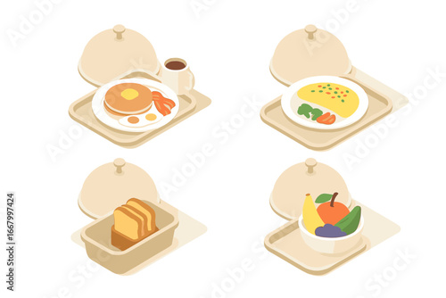 Isometric Room Service Icon Set with Breakfast Platters, Omelette Plate, Toast Basket, and Fresh Fruit Bowl on Transparent Background, Vector Illustration