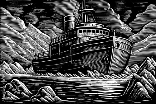 Arctic icebreaker ship cutting through frozen sea, powerful and massive vessel in black and white sketch