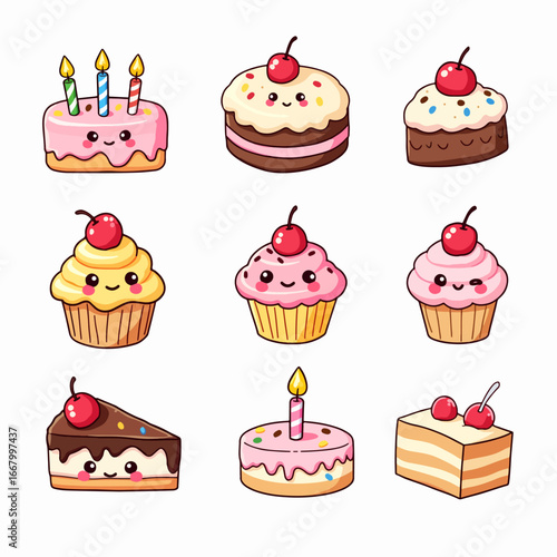 Cakes kawaii illustrations, desserts in a comic, cartoon style, simple vector drawings