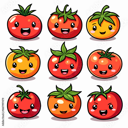 Cute kawaii tomato vector stickers with funny faces and emotions: happy, sad, angry, surprised. Flat characters for kids, education, and healthy eating designs