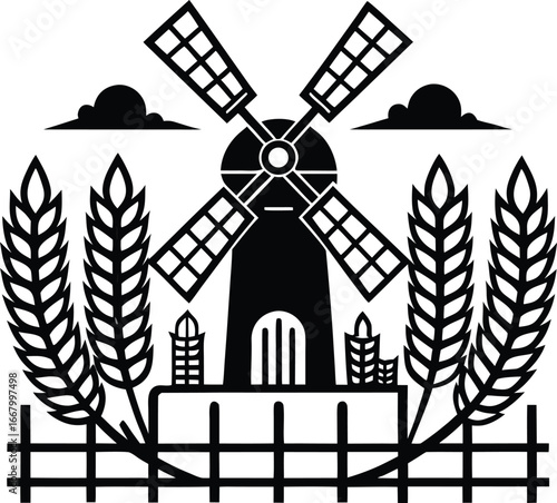 Windmill With Surrounding Fence And Wheat Pattern