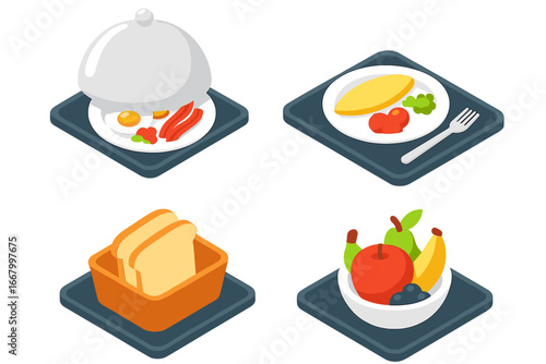 Isometric Flat Vector Icon Set of Room Service Breakfast Trays with Hot Omelette Plate, Toast Basket, Fresh Fruit Bowl and Covered Breakfast Platter Illustration