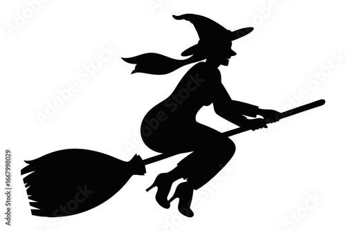 Halloween witch silhouette flying on broomstick vector illustration spooky october holiday design element on transparent background