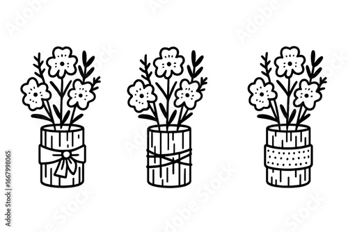 Rustic flower decor icons, outline vector set of dried floral arrangement in barn wood vase with burlap ribbon wrap, twine wrap accent, vintage country style bouquet illustration