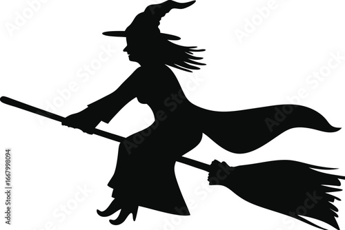 witch flying on broomstick across full moon halloween silhouette, flying witch silhouette, halloween witch vector, witch on broomstick illustration