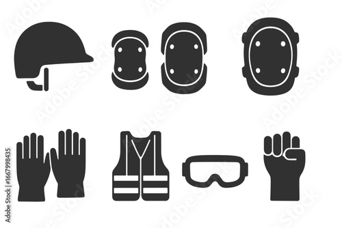 Solid filled safety gear icons set including helmet, elbow pads, knee pads, gloves, reflective vest, goggles, protective equipment vector illustration on transparent background