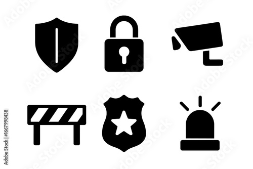 Solid safety icon grid with security shield, lock, surveillance camera, barrier, police badge, and emergency siren vector illustration on transparent background