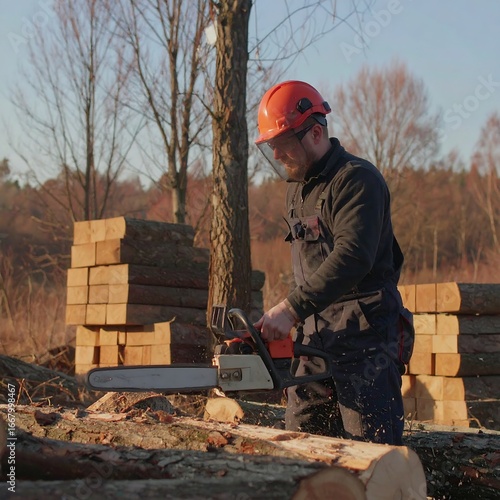 Lumberjack cutting wood outdoors, sunny day