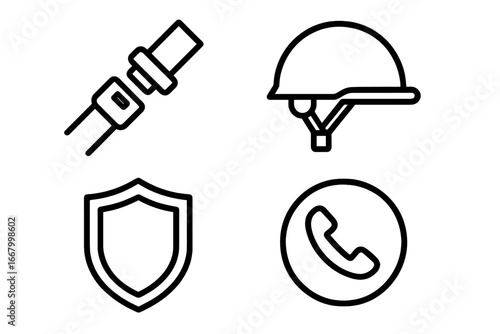Safety Icons Set Outline, Seatbelt Helmet Shield Badge Emergency Call Button Vector Illustration Transparent Background Safety and Security Measures