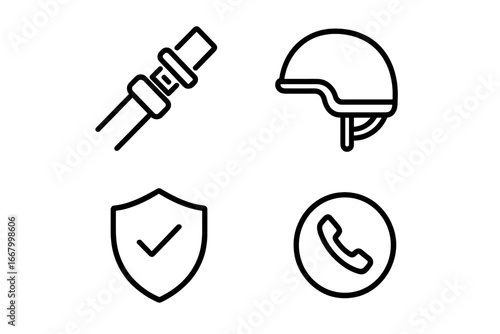Safety icons set vector. Outline style safety and security symbols including seatbelt, helmet, shield badge, emergency call button. Protective gear and emergency alert concept illustration.