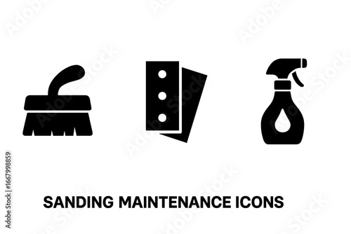 Solid filled sanding maintenance icons set with cleaning brush, sandpaper sheets, adhesive remover spray, surface preparation, restoration tools vector illustration