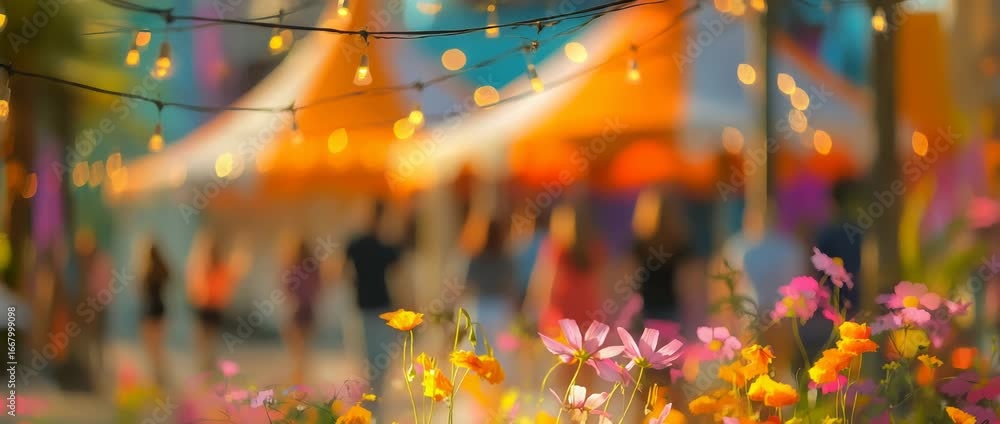 Vibrant outdoor fair with festive tents, string lights and beautiful flowers Vibrant outdoor fair with festive tents, string lights and beautiful flowers