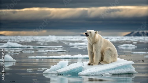 Polar bear melting ice sheet highlights urgent climate change impact with cold ocean and cloudy sky background awareness campaign