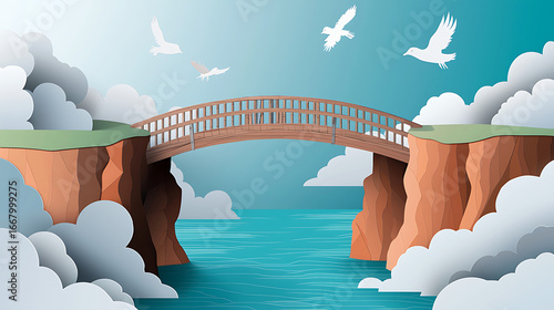 Wooden bridge connecting two cliffs over the sea. A symbolic journey and connection concept illustration with clouds and birds