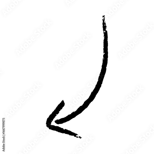Simple Hand Drawn Arrow Pointing Downward in a Curved Stroke of Black Line Art on a White Background