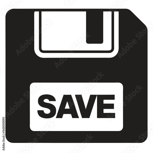 Black and white icon of a floppy disk with the word save, symbolizing data saving and storage