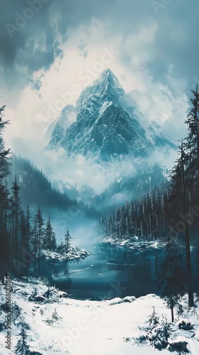 A snowy mountain scene with a lake and trees in the fore