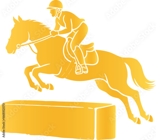 Golden Silhouette of Equestrian Rider and Horse Jumping