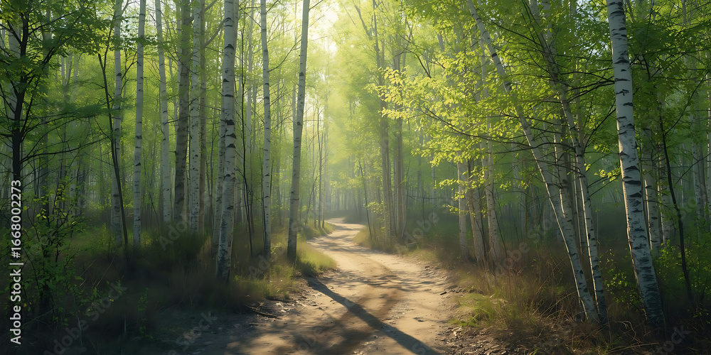 Fototapeta premium Sunlit Birch Forest Path with Tranquil Ambiance