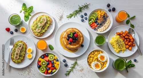 Variety of healthy breakfast foods with avocado toast pancakes and fresh fruit