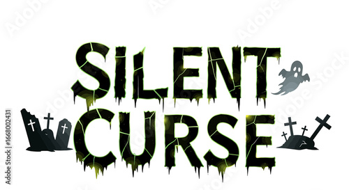 Silent Curse Halloween Graphic Design with Spooky Graveyard and Ghost Elements