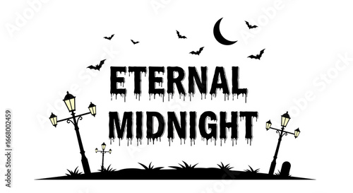 Eternal Midnight Halloween Design with Lamp Posts, Bats, and a Graveyard Scene