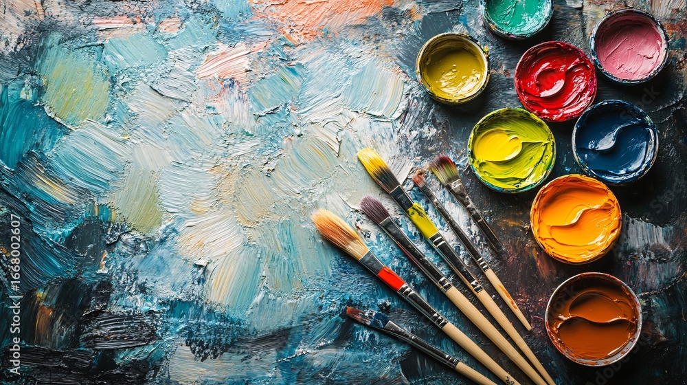 Fototapeta premium artistic environment background of flat lay of art supplies in bright colors, morning sunlight, playful texture, expressive setting