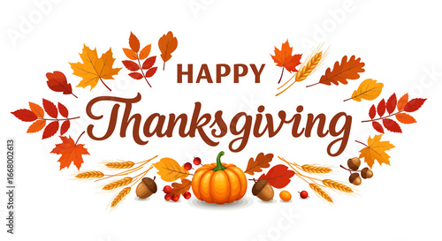 Happy Thanksgiving illustration with autumn leaves, pumpkin, acorns, and wheat stalks